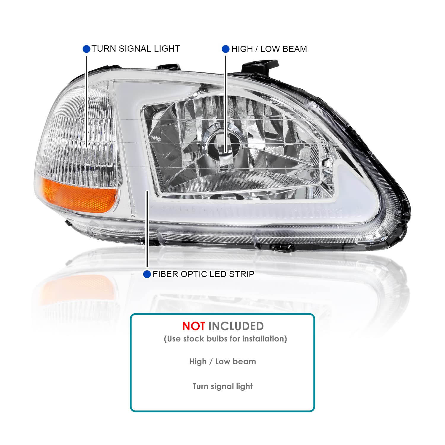 Chrome Headlights w/LED Tube Bar SPEC-D TUNING Compatible with 1996-1998 Honda Civic 2/4Dr
