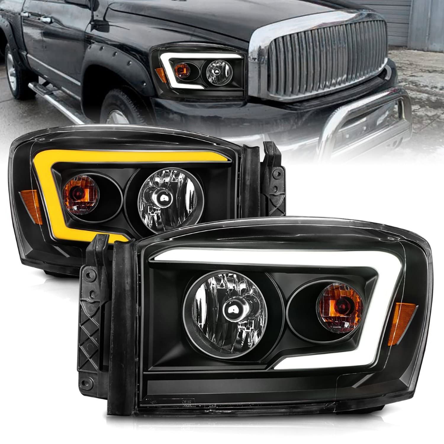 06-09 Dodge RAM 1500/2500/3500 ANZO USA Aridex Headlights Black Housing/Clear Lens (w/Switchback Light Bars) (111526)