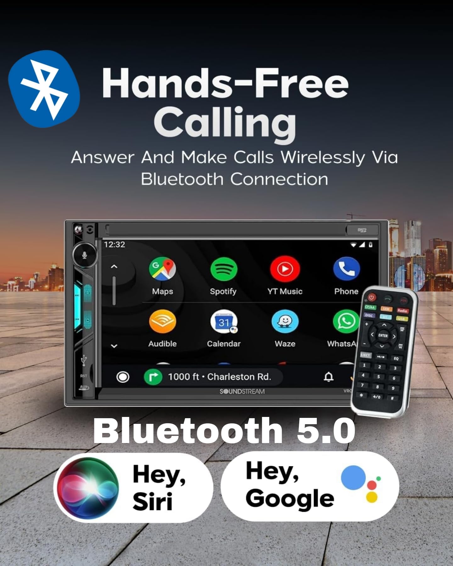 Soundstream 7" VRCPAA-7DR Double DIN Touchscreen Car Stereo, Wireless Apple CarPlay & Android Auto, Bluetooth Hands-Free, USB/AUX, Backup Camera Input, Steering Wheel Control, FM/AM, In-Dash Head Unit