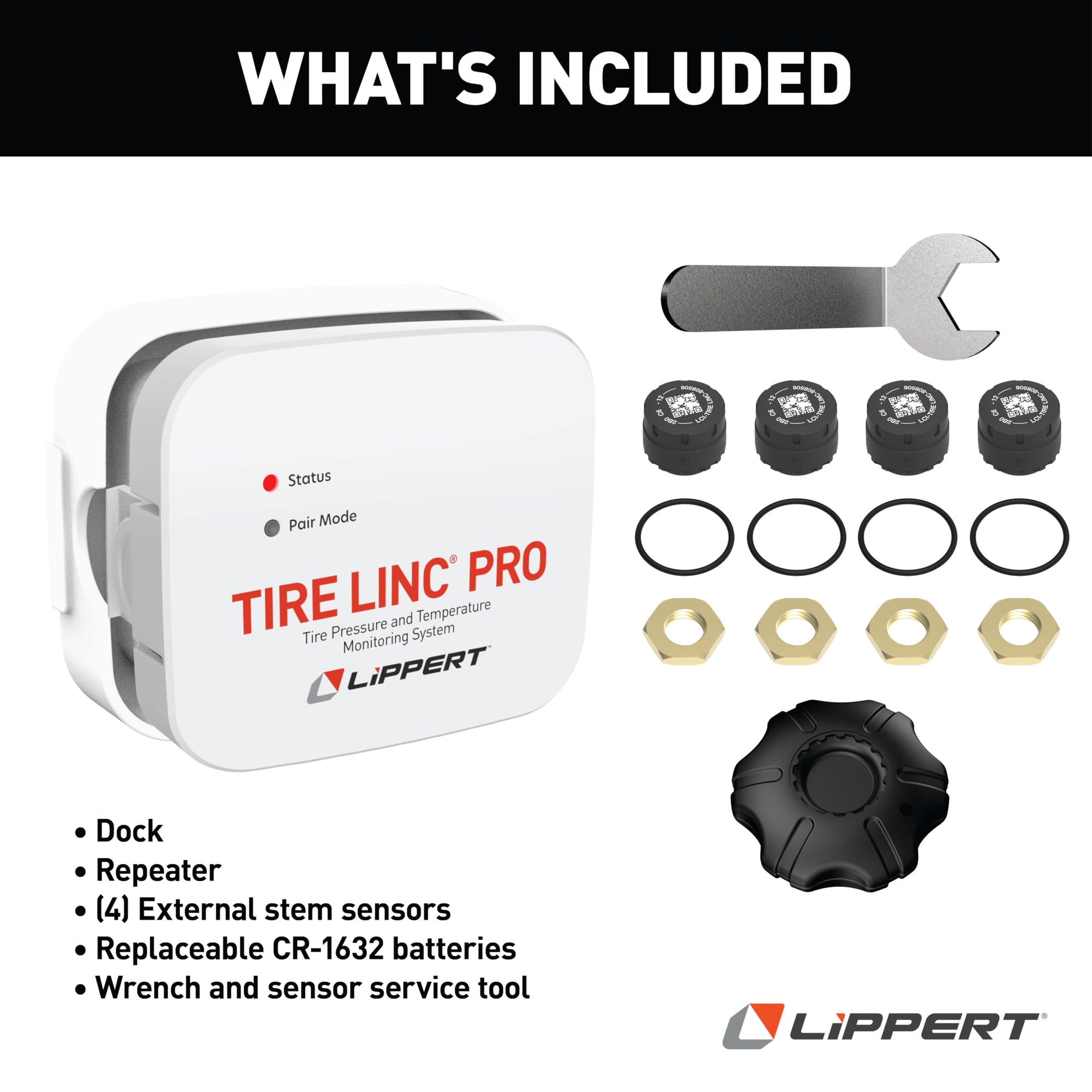 Lippert PRO Tire LINC RV Tire Pressure/Temperature Monitoring System (TPMS) 4-Tire Bundle with External Stem Sensors, Repeater, and Dock #2024115889