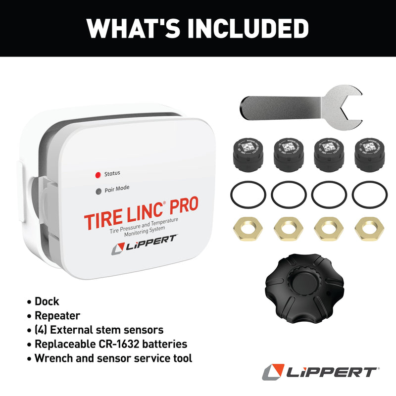 Lippert PRO Tire LINC RV Tire Pressure/Temperature Monitoring System (TPMS) 4-Tire Bundle with External Stem Sensors, Repeater, and Dock #2024115889