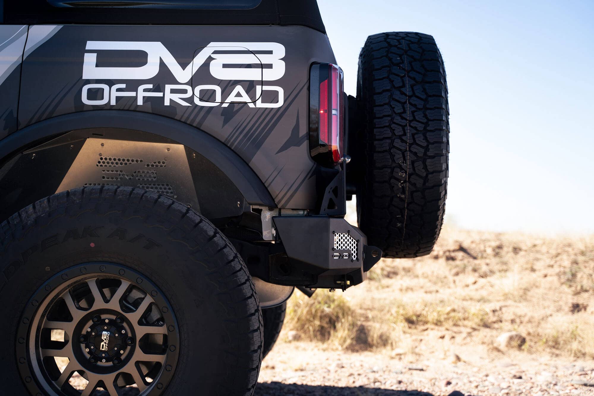 MTO Series DV8 Offroad Rear Bumper for 2021-2025 Ford Bronco | Retains Factory Backup Sensors & Tow Hitch | Accepts 37" Spare Tire on OEM Carrier | Mount (2) 3" Flush Mount Pod Lights