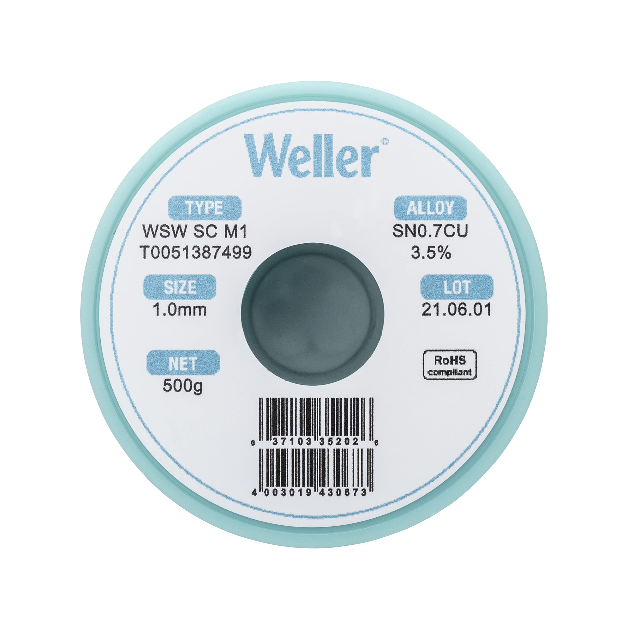 Weller M1 WSW (T0051387499) Lead Free Solder Wire, Dia: 1.0 mm / 0.039 in, Wt: 500 g / 17.637 oz, Alloy Sn99.3Cu0.7, Flux content 3.5%