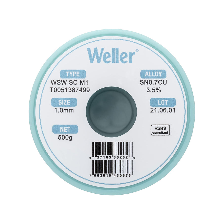 Weller M1 WSW (T0051387499) Lead Free Solder Wire, Dia: 1.0 mm / 0.039 in, Wt: 500 g / 17.637 oz, Alloy Sn99.3Cu0.7, Flux content 3.5%