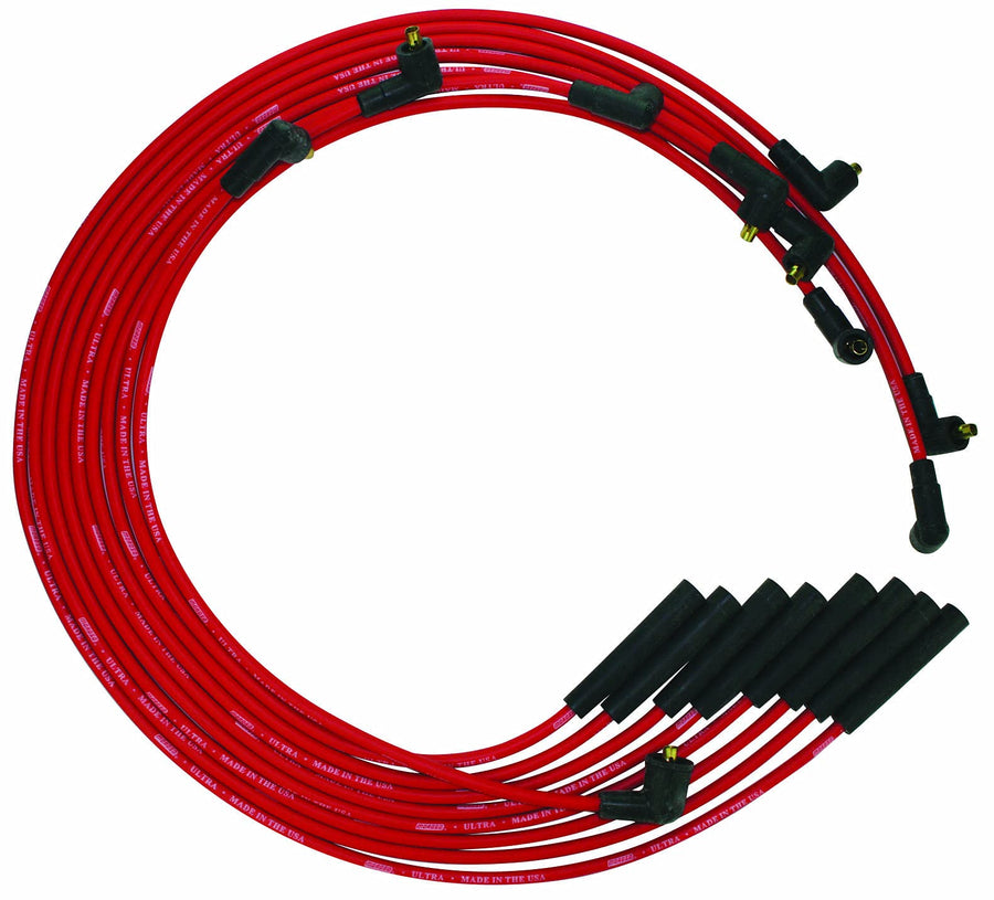 Moroso Ultra Series Red Spark Plug Wires, Mopar Chrysler 361/383/400/440, Non HEI Distributor, Straight Plug Ends