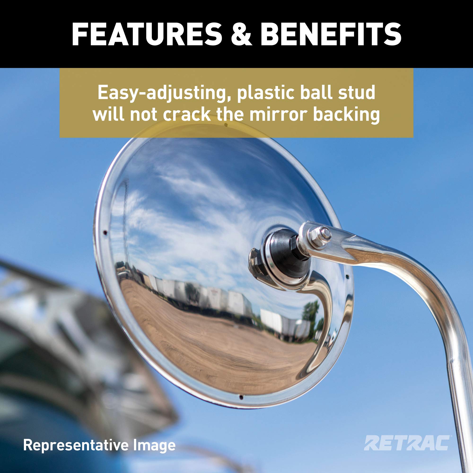 8-Inch Stainless Steel RETRAC Offset-Mount Convex Mirror Head with Plastic Ball Stud, J-Bracket, Universal Driver or Passenger Side