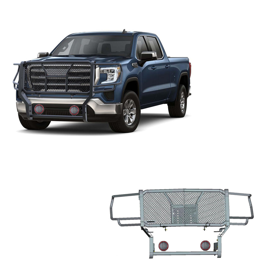 Heavy Duty Black Horse Rugged Grille Brush Bumper Guard Modular Black Come with Pair of 5.3" Dia.LED Lights with Red Trim Rings Compatible with 2020-2023 GMC Sierra 2500 HD/3500 HD-RU-GMSI20-B-PLFR