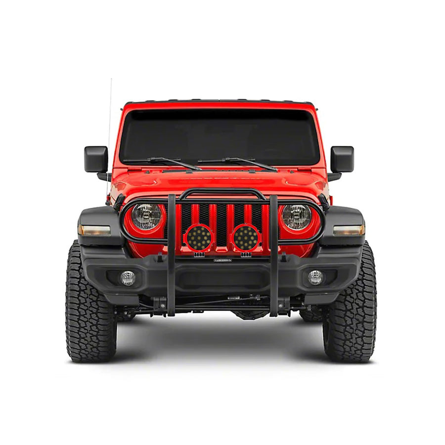 Bumper Guard Modular Black Black Horse Grille brush Come With pair of 7.0"Dia.LED Lights with Red Trim Rings Compatible with 2020-2024 Jeep Gladiator|2018-2024 Jeep Wrangler-17JPJLMA-PLR