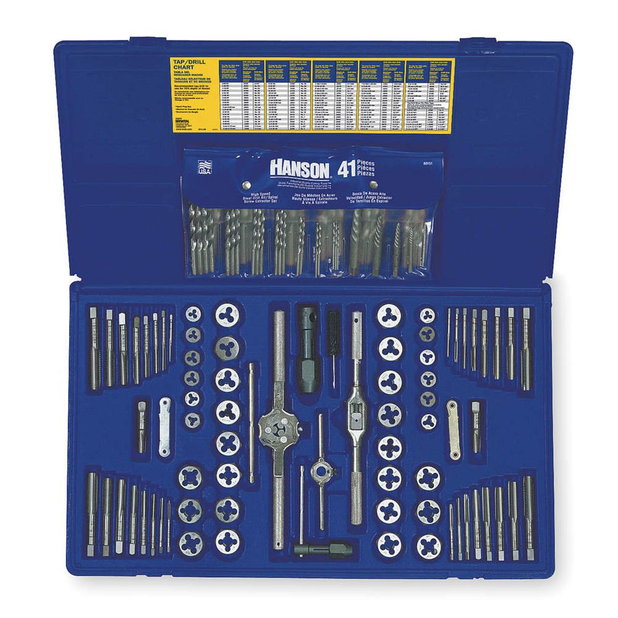 IRWIN Tools Machine Screw/Fractional/Metric Tap and Hex Die and Drill Bit Deluxe Set, 117 Piece 26377, Silver/Blue