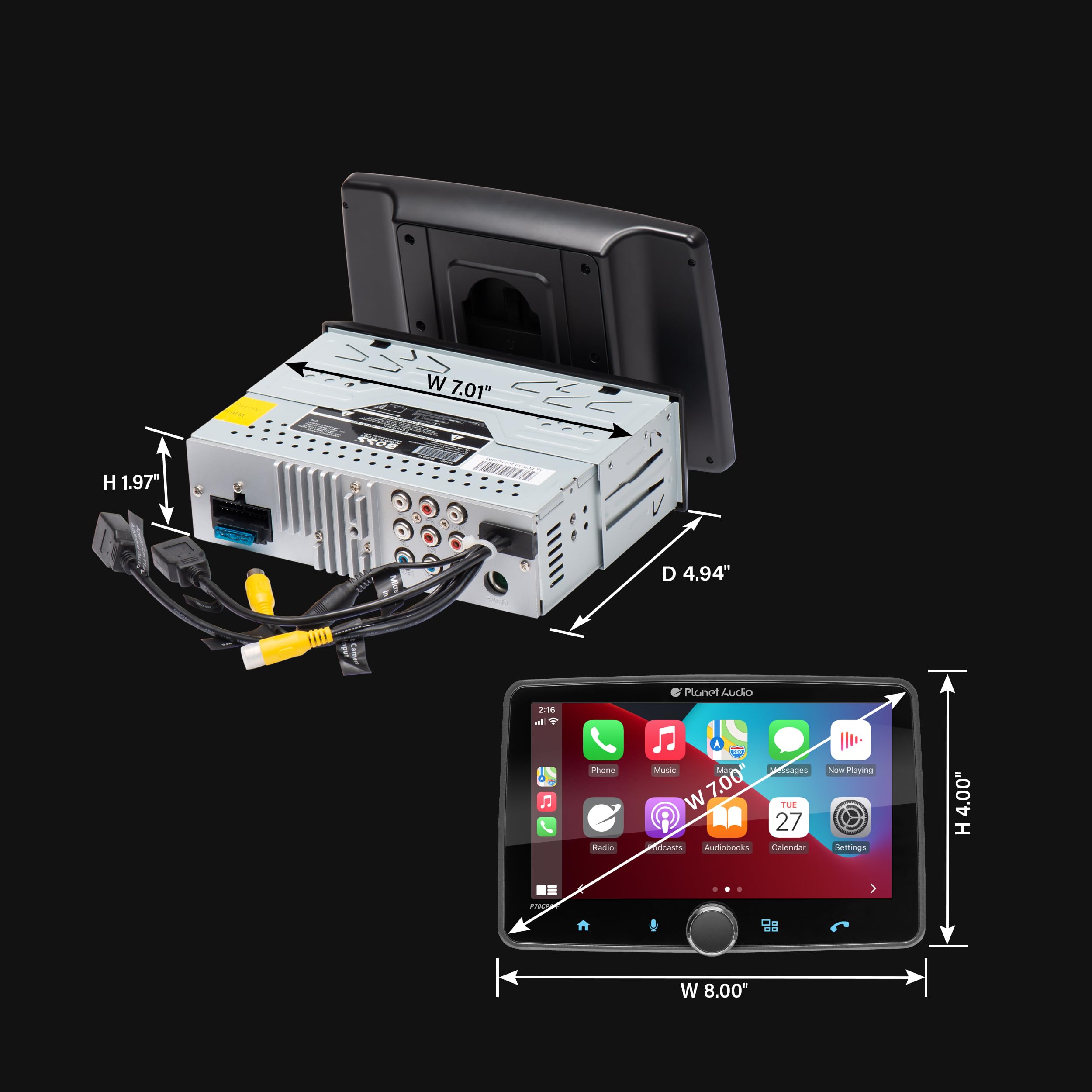 Car Stereo Planet Audio P70CPA-CF - Apple CarPlay, Android Auto, Single Din, 7 Inch Touchscreen, Bluetooth, No CD DVD Player, AM/FM Radio Receiver, Backup Camera