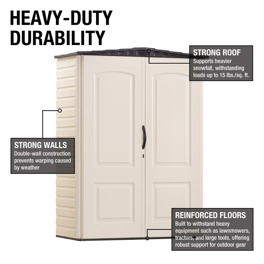 Rubbermaid Vertical Small Resin Outdoor Storage Shed With Floor (2.3 x 4.6 Ft), Weather Resistant, Beige/Brown, Organization for Home/Backyard/Pool Chemicals/Toys/Garden Tools/Porch/Patio Cushions