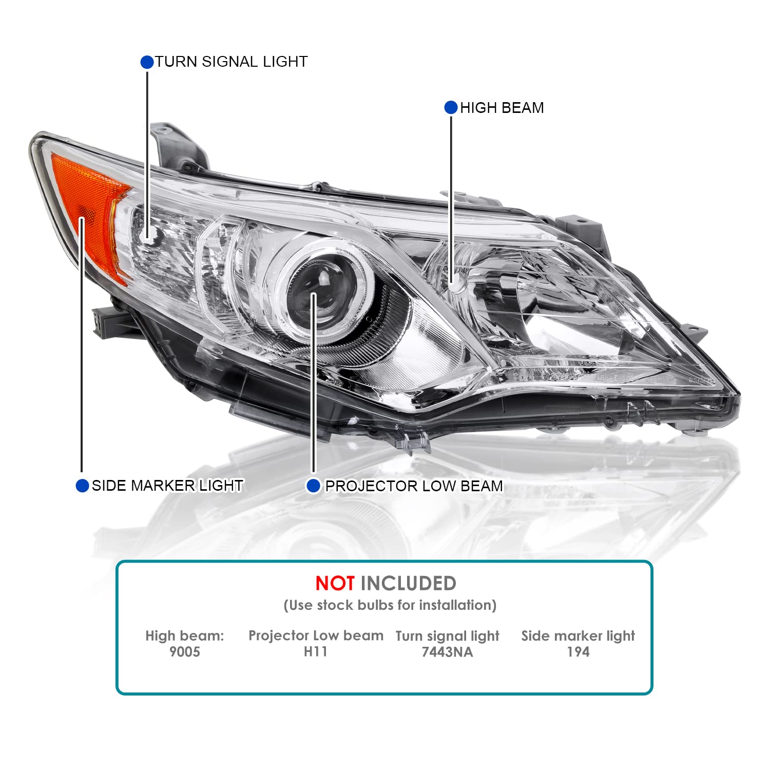 Chrome Projector Headlights SPEC-D TUNING Compatible with 2012-2014 Toyota Camry, Left + Right Pair Headlamps Assembly