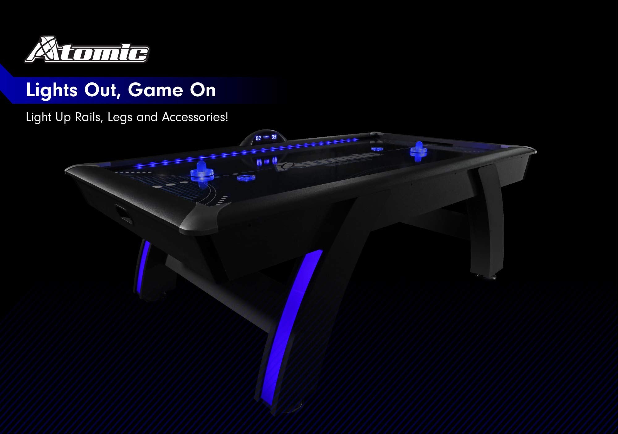 90” Atomic Indiglo LED Light UP Arcade Air Powered Hockey Table - Includes Light Up Pucks and Pushers, Grey