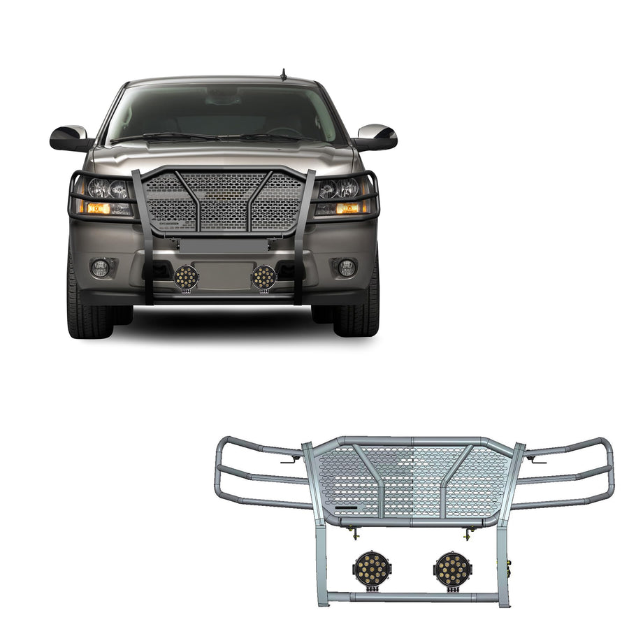 Heavy Duty Black Horse Rugged Grille Brush Bumper Guard Modular Black Come with Pair of 7.0" LED Lights Compatible with 2007-2014 Tahoe/Suburban 1500|2007-2013 Avalanche-RU-CHTA07-B-PLB