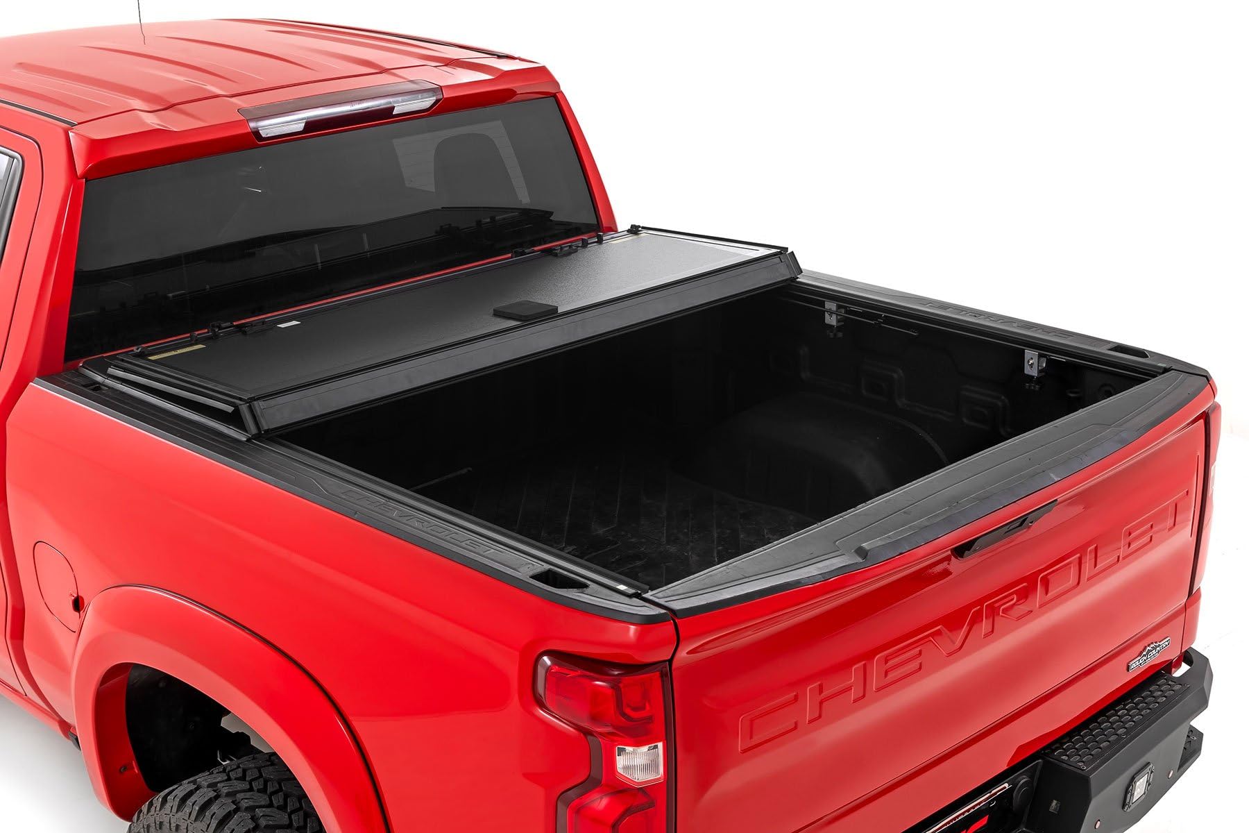 Rough Country Hard Tri-Fold Truck Bed Flip Up Tonneau Cover for Chevy Silverado & GMC Sierra 1500 (2019-2025) - Flush Aluminum Bed Cover, Fits 6'7 Bed