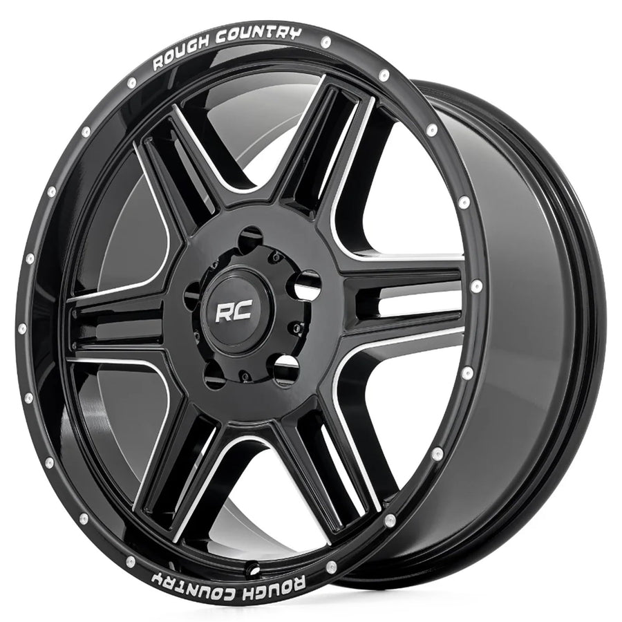 92 Series Rough Country Wheel - 18x9, 6x5.5 Bolt Pattern, +0mm Offset, Single-Piece Aluminum, Gloss Black with Milled Accents