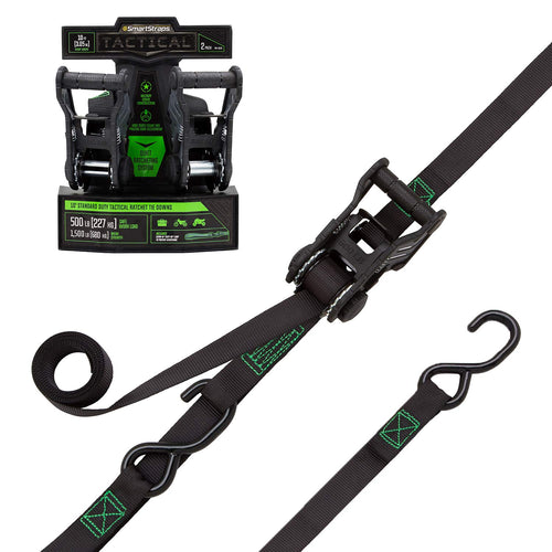 10-Foot Tactical Ratchet Straps SMARTSTRAPS #4628, Haul Light Loads in Pickup Trucks & Trailers, Dirt Bikes, ATV's, Lawn Tractors, 1,500 lb Break Strength 500 lb Safe Work Load, 2-Pack, Black