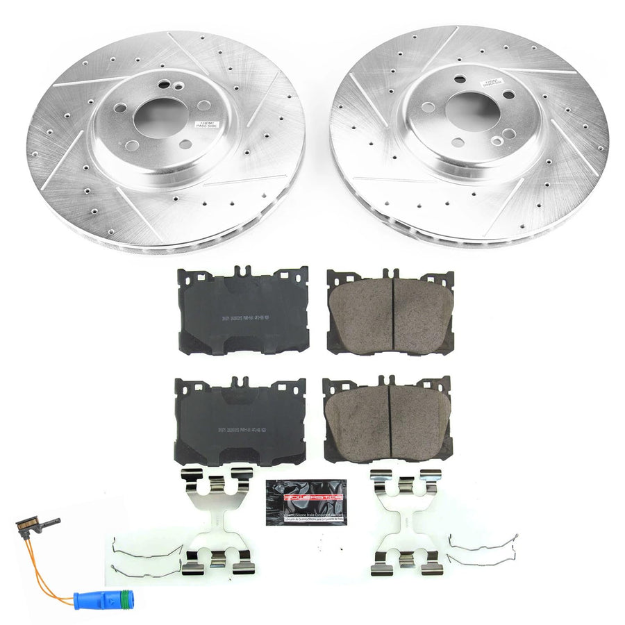 Power Stop K7986 Z23 Carbon Fiber Brake Pads Front with Drilled & Slotted Brake Rotors Kit For C43 AMG, C450, CLS450, E300, E350, E, E43 AMG, E450, GLC300, GLC350e, GLC43 AMG [Model Specific]