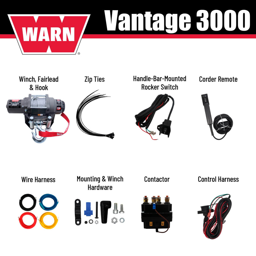 Vantage WARN 3000 12V DC ATV/UTV Winch - 3000 lb Pull Capacity, 50 Ft 3/16" Wire Rope, Roller Fairlead, Fully Sealed Motor, 3-Stage Planetary, Handlebar Mini Rocker & Corded Remote (108213)