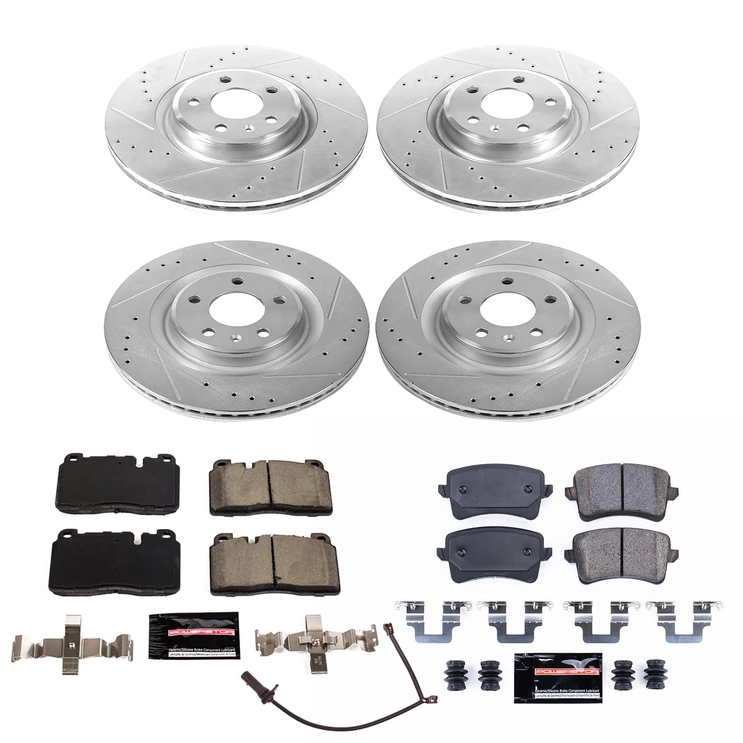 Power Stop K7097 Z23 Carbon Fiber Brake Pads Front and Rear with Drilled & Slotted Brake Rotors Kit and 1 Front Sensor Wire For Audi Q5 2013, Audi Q5 2016-2017 [Model Specific]