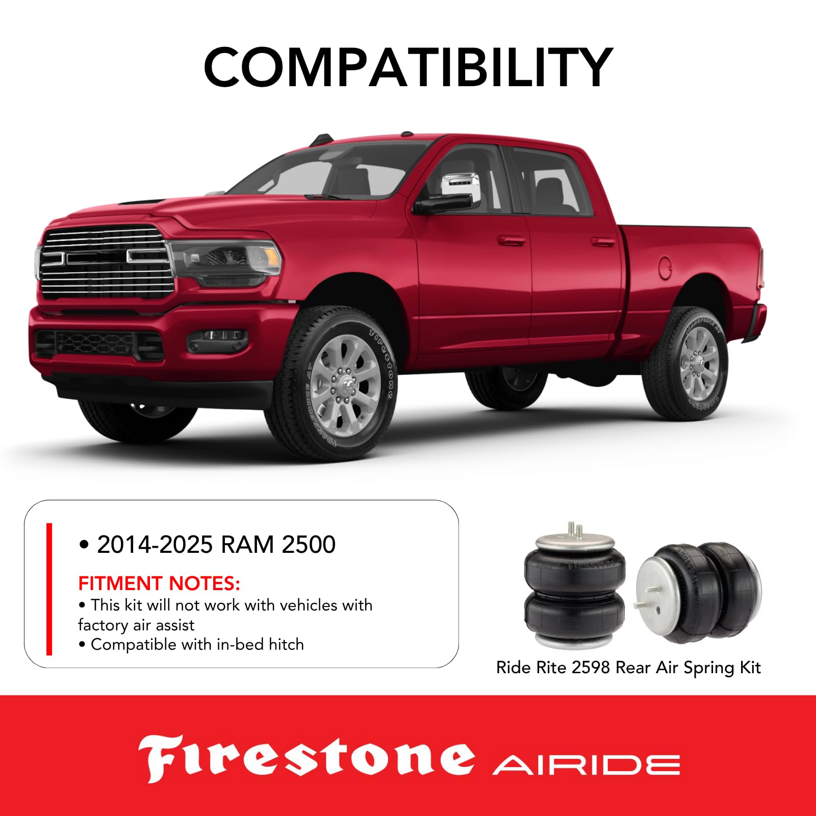 Firestone 2598 Ride-Rite Airide Rear Spring Kit fits 2014-2026 Ram 2500 | Up to 5,000 lbs Load-Leveling Capacity | 5-100 PSI | Easy Installation | Reduces Tire Wear
