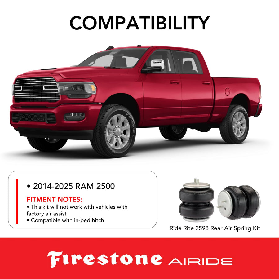 Firestone 2598 Ride-Rite Airide Rear Spring Kit fits 2014-2026 Ram 2500 | Up to 5,000 lbs Load-Leveling Capacity | 5-100 PSI | Easy Installation | Reduces Tire Wear