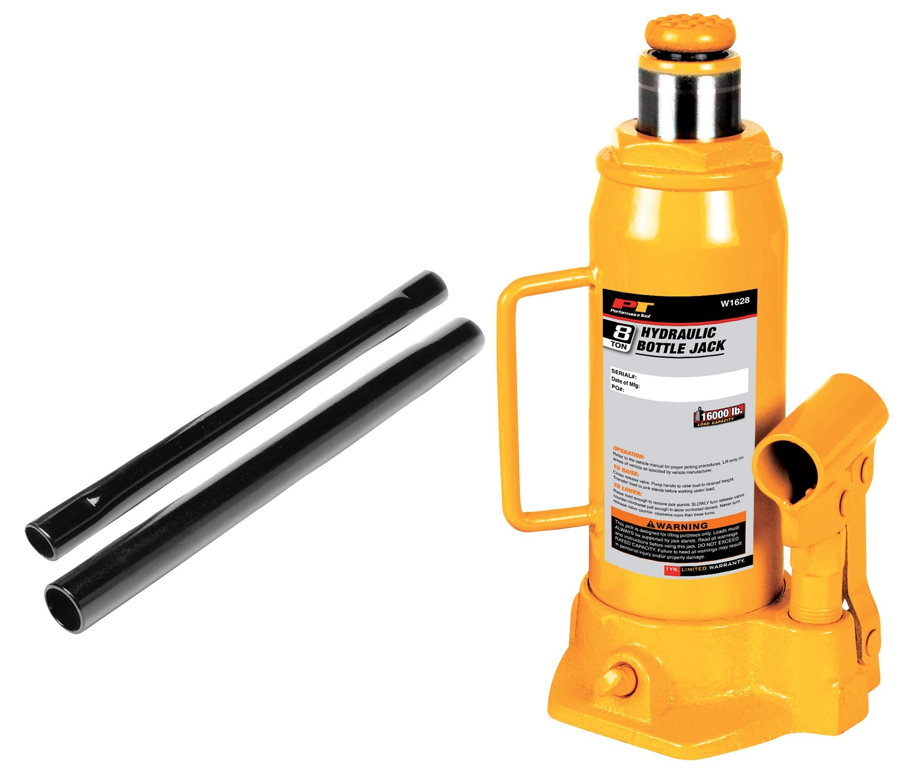 Heavy Duty Performance Tool W1628 8-Ton (16,000 lbs.) Hydraulic Bottle Jack