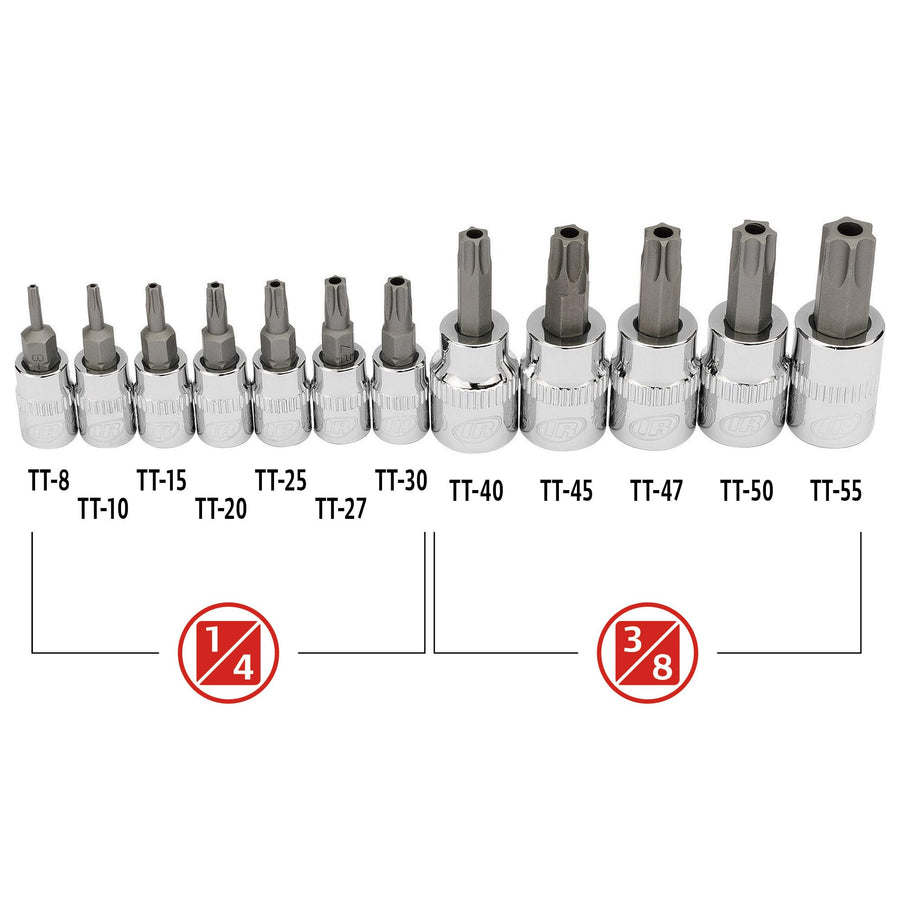 12-Piece Ingersoll Rand Tamper-Proof Torx Bit Socket Set – 1/4" Drive (TT8–TT30) & 3/8" Drive (TT40–TT55), Industrial-Grade S2 Steel, Mirror-Polished Chrome Vanadium Sockets, Thermoform Tray – 752031