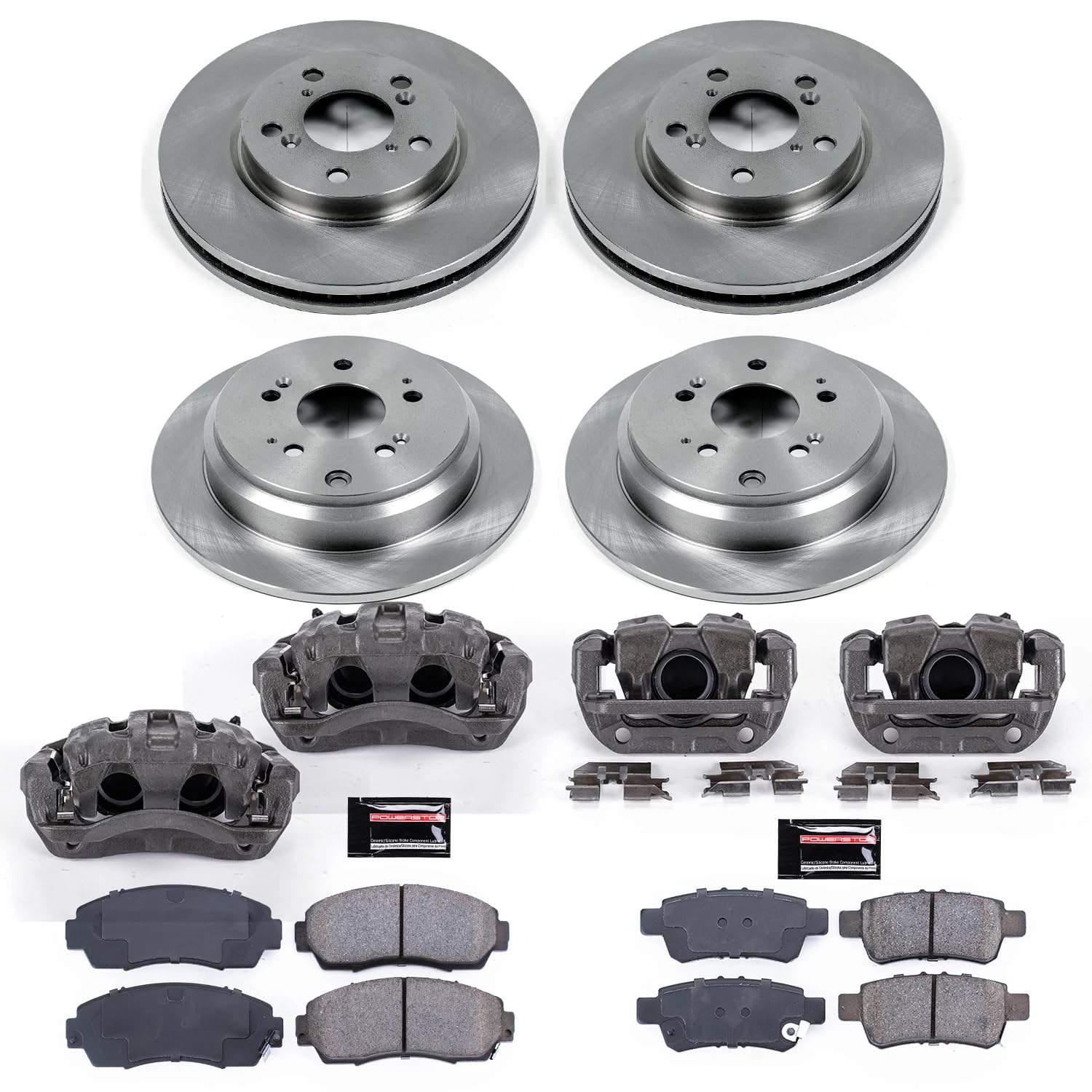 Power Stop KCOE4044 Replacement Autospeciality Front and Rear Caliper Kit- OE Rotors, Ceramic Brake Pads, Calipers For Honda Odyssey 2005-2010 [Model Specific]
