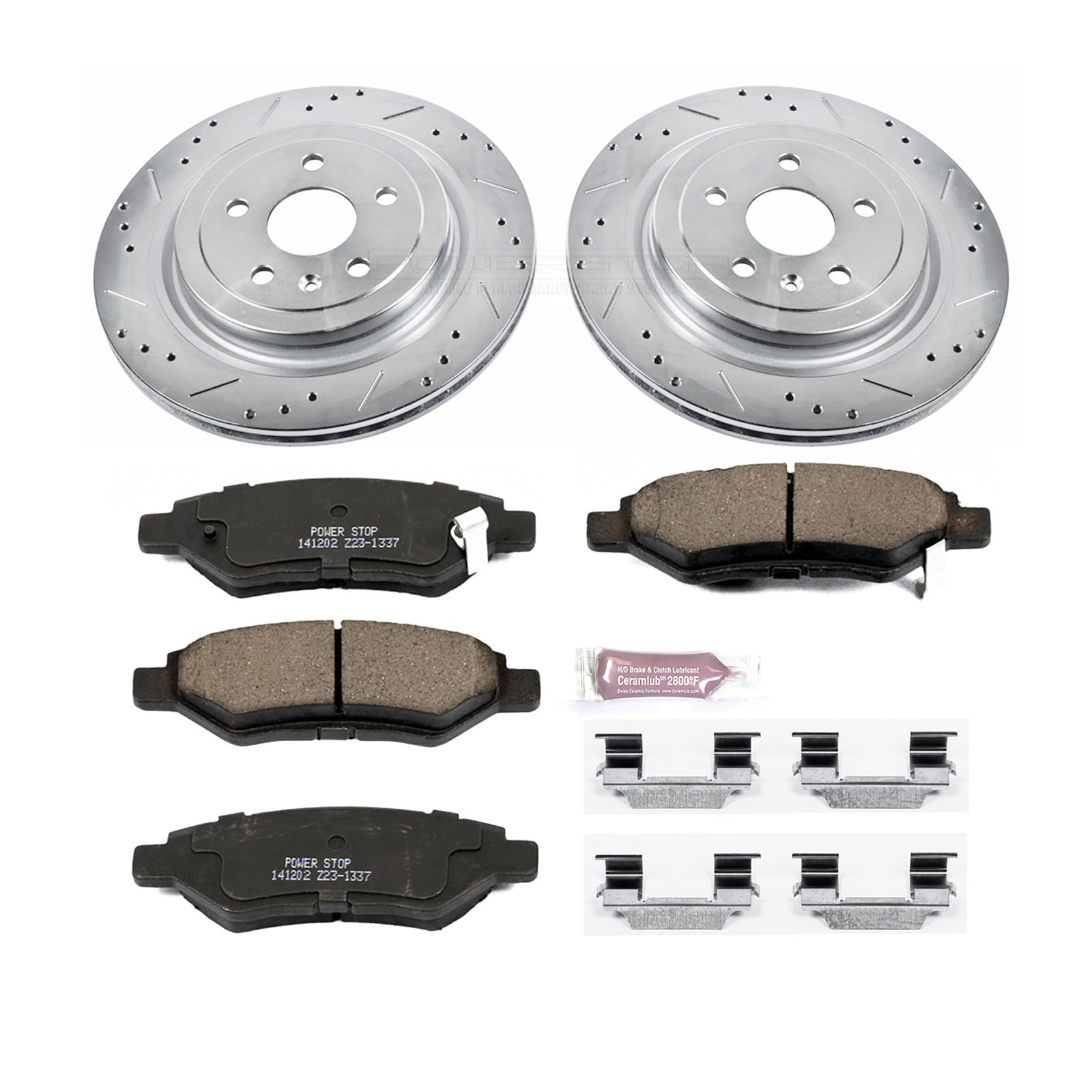 Rear Power Stop K4723 Z23 Carbon Fiber Brake Pads with Drilled & Slotted Brake Rotors Kit For Cadillac CTS 2008-2014 [Model Specific]