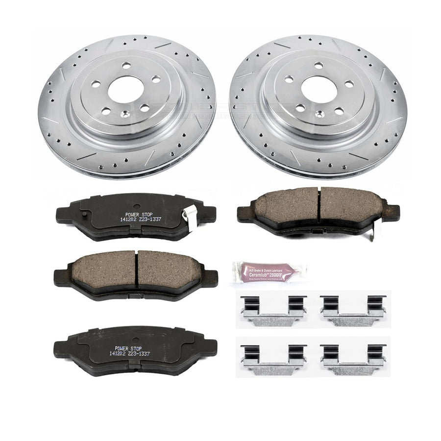 Rear Power Stop K4723 Z23 Carbon Fiber Brake Pads with Drilled & Slotted Brake Rotors Kit For Cadillac CTS 2008-2014 [Model Specific]