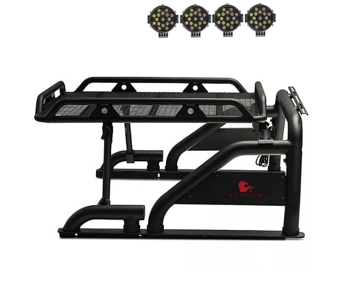 Warrior Black Horse Roll Bar incl. Pair of 7.0" Dia.LED Lights w/Black Trim Rings Compatible with 1/2 TON Trucks (GM Silverado 14+/Ford F150 15+/Dodge RAM 15+) with Full Size Cargo Basket