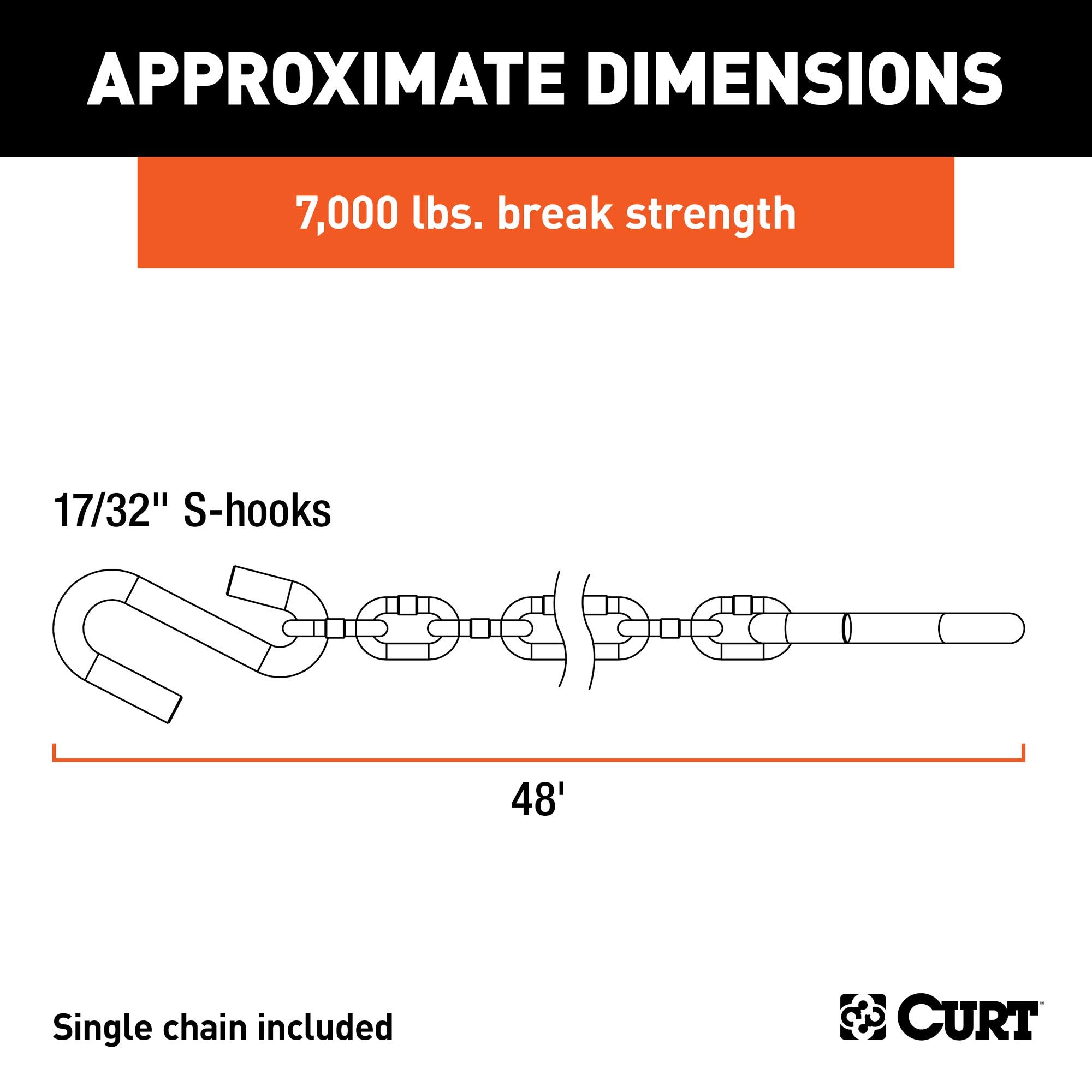 48-Inch CURT Trailer Safety Chain with 17/32-In S-Hooks, 7,000 lbs Break Strength