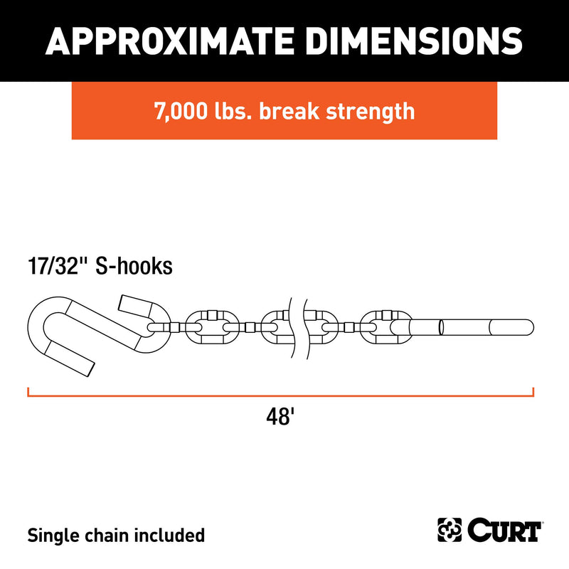 48-Inch CURT Trailer Safety Chain with 17/32-In S-Hooks, 7,000 lbs Break Strength