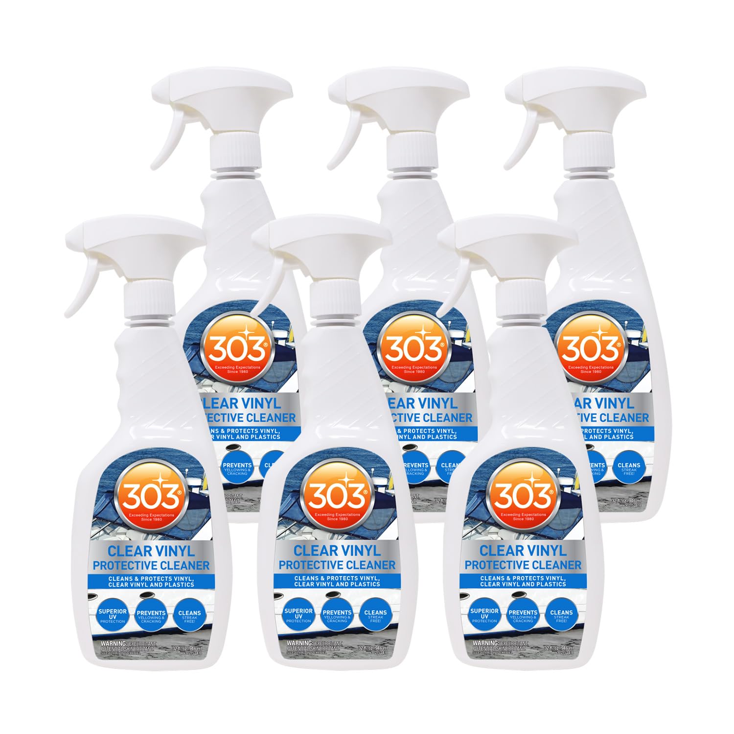 303 Products Clear Vinyl Marine Protective Cleaner - Cleans and Protects Vinyl, Clear Vinyl, and Plastics, Provides Superior UV Protection, Prevents Yellowing and Cracking, 32oz (30215-6PK)