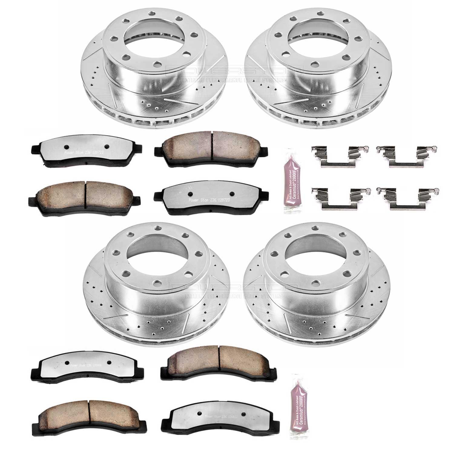Power Stop K1906-36 Z36 Truck & Tow Brake Pads Front and Rear with Drilled and Slotted Rotors Brake Kit For 2000-2005 Ford Excursion 4WD | 1999-2004 Ford F250 F350 4WD Single Rear Wheel Models