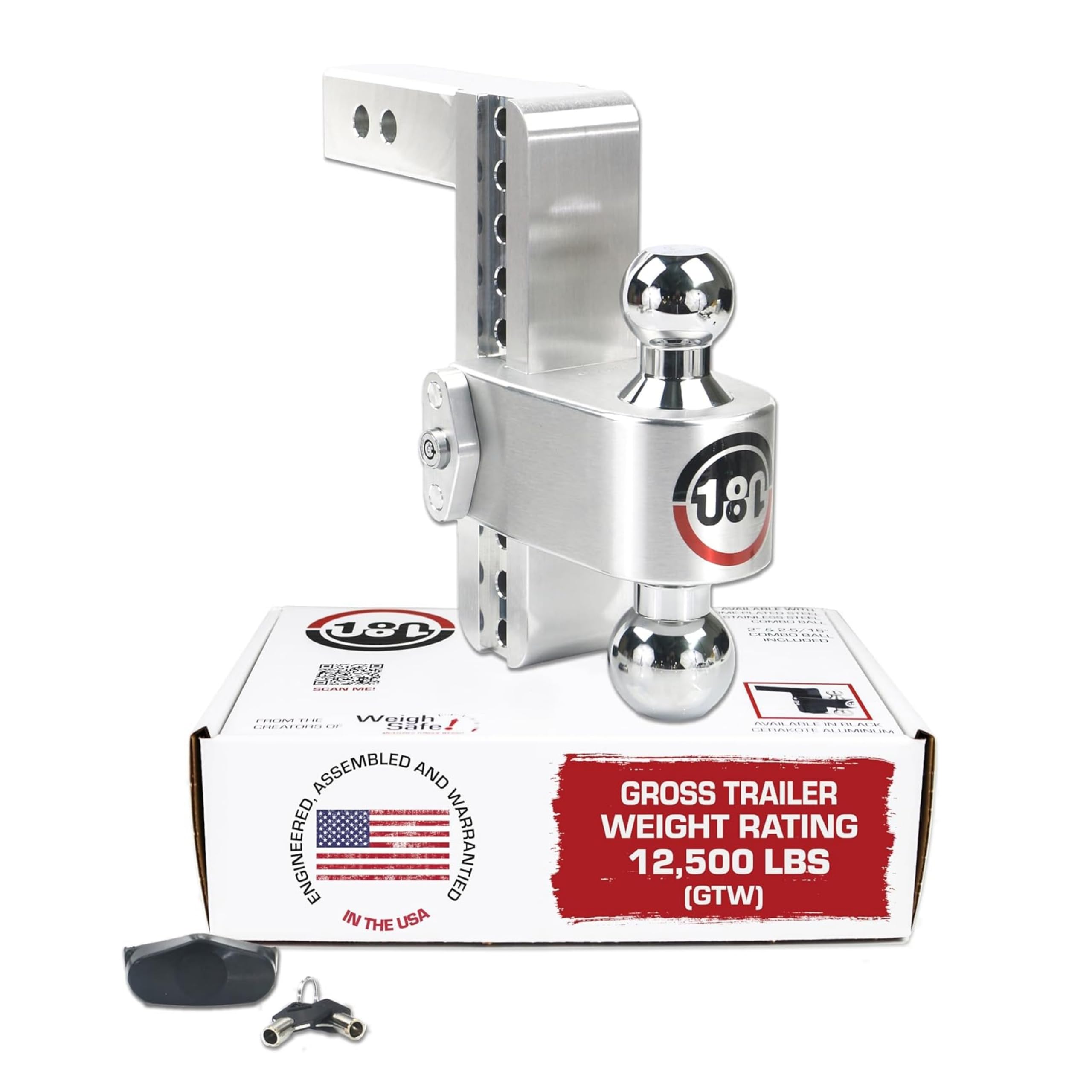 Weigh Safe 180 Hitch - Adjustable Hitch Trailer Ball Mount - 8" Adjustable Drop Hitch for 2" Receiver - Heavy Duty Aluminum Trailer Tow Hitch w/ Chrome Plated Tow Balls (2" & 2 5/16") - 12,500 GTW