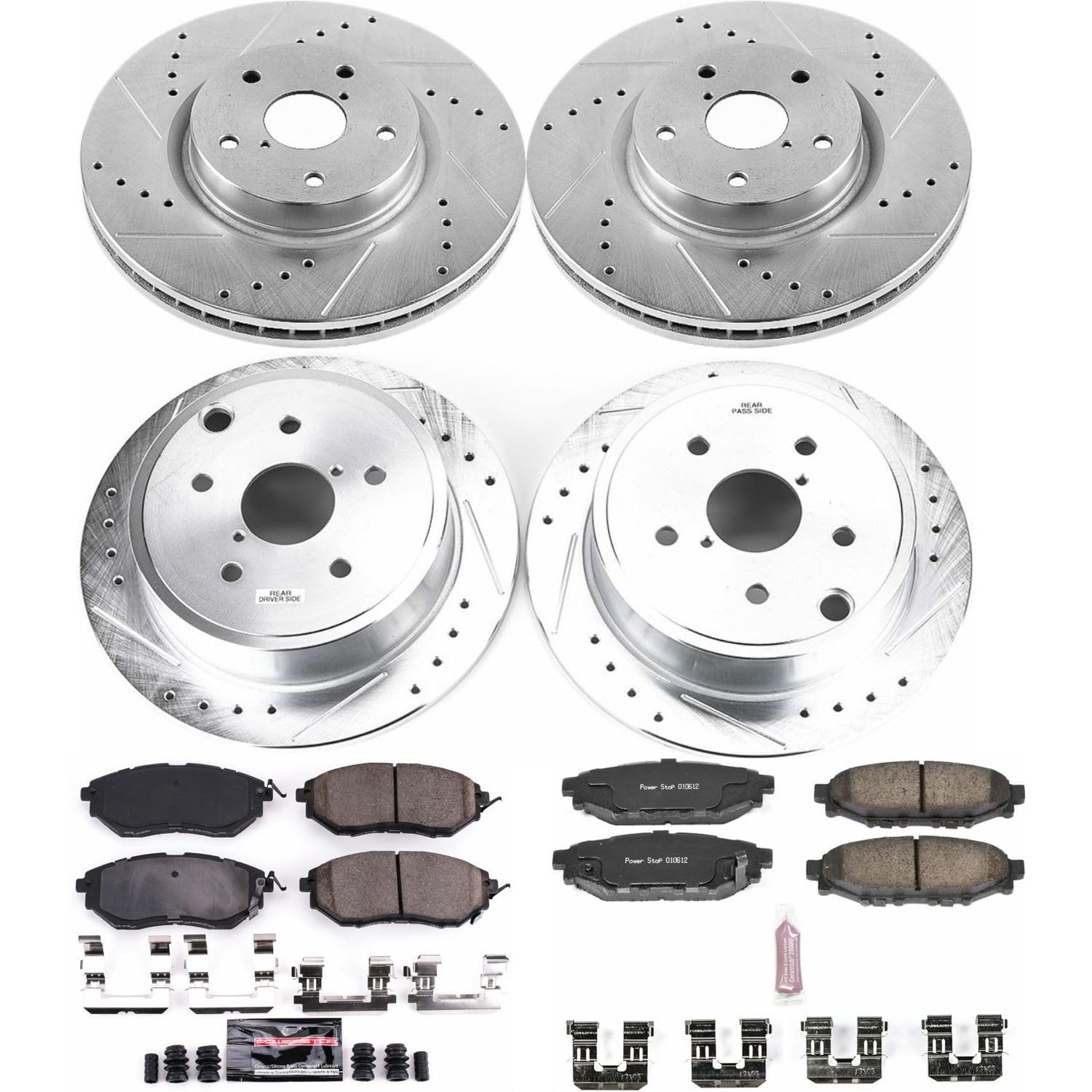 Power Stop K6932 Z23 Carbon Fiber Brake Pads Front and Rear with Drilled & Slotted Brake Rotors Kit For 2015 2016 2017 2018 2019 2020 Subaru WRX [Application Specific]