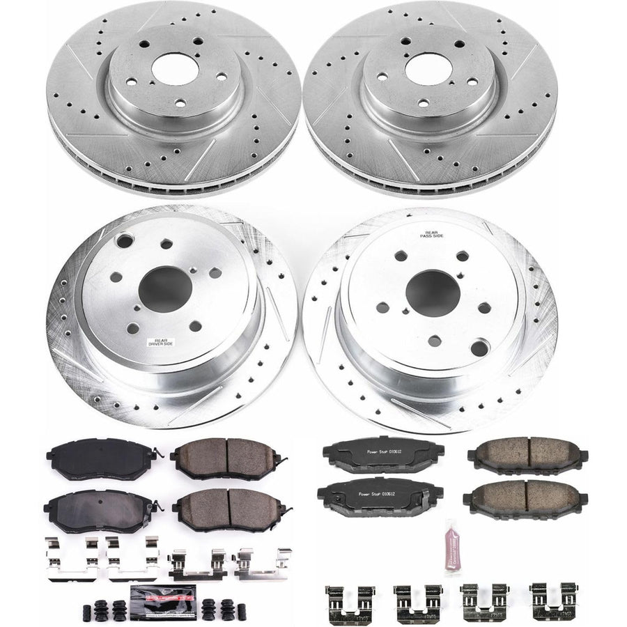Power Stop K6932 Z23 Carbon Fiber Brake Pads Front and Rear with Drilled & Slotted Brake Rotors Kit For 2015 2016 2017 2018 2019 2020 Subaru WRX [Application Specific]
