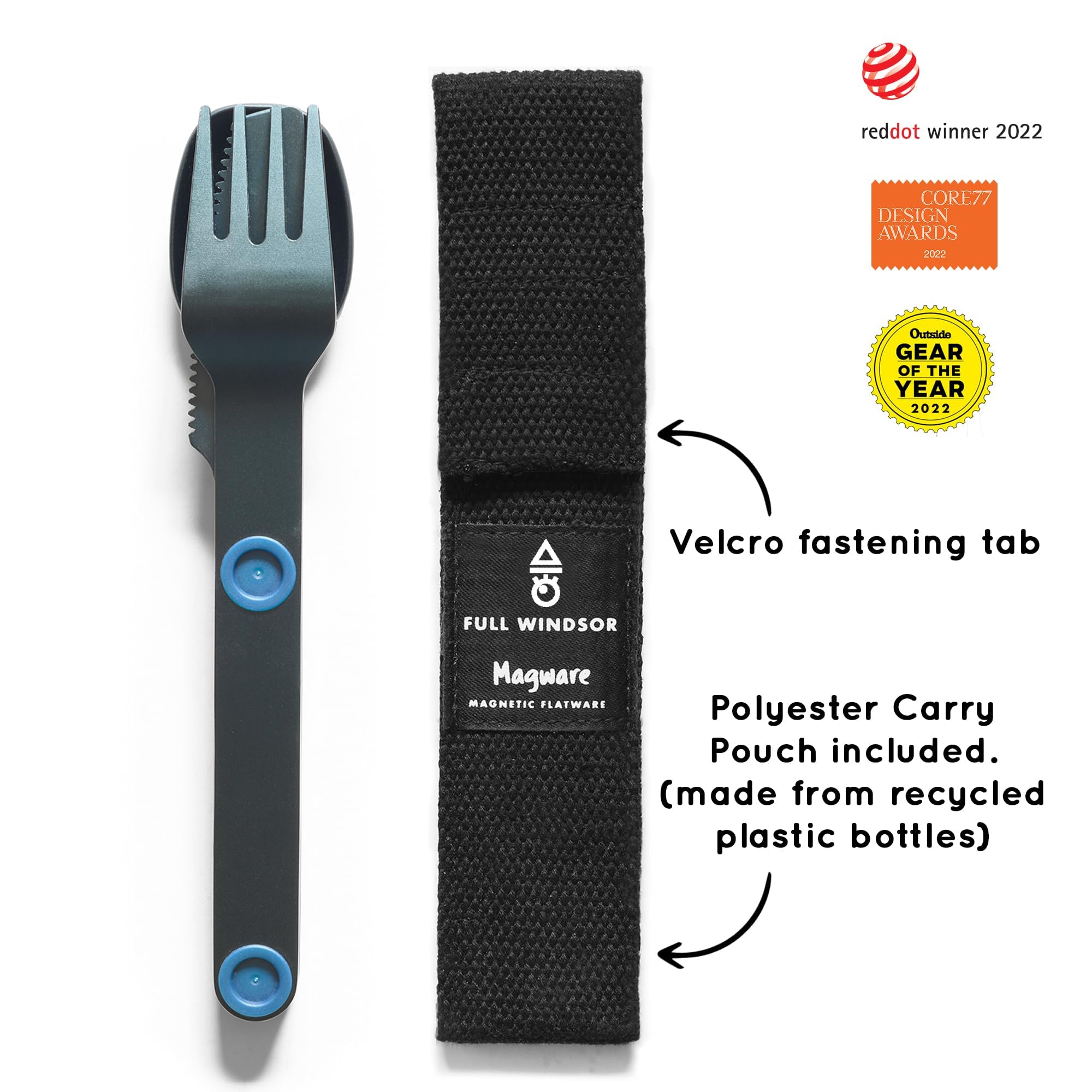 MAGWARE - FULL WINDSOR Magnetic Camping Cutlery Set - Travel Utensils for Camping, Cooking, and Outdoor Dining - Knife, Fork & Spoon - Portable Silverware with Pouch - Blue (3 PCS)