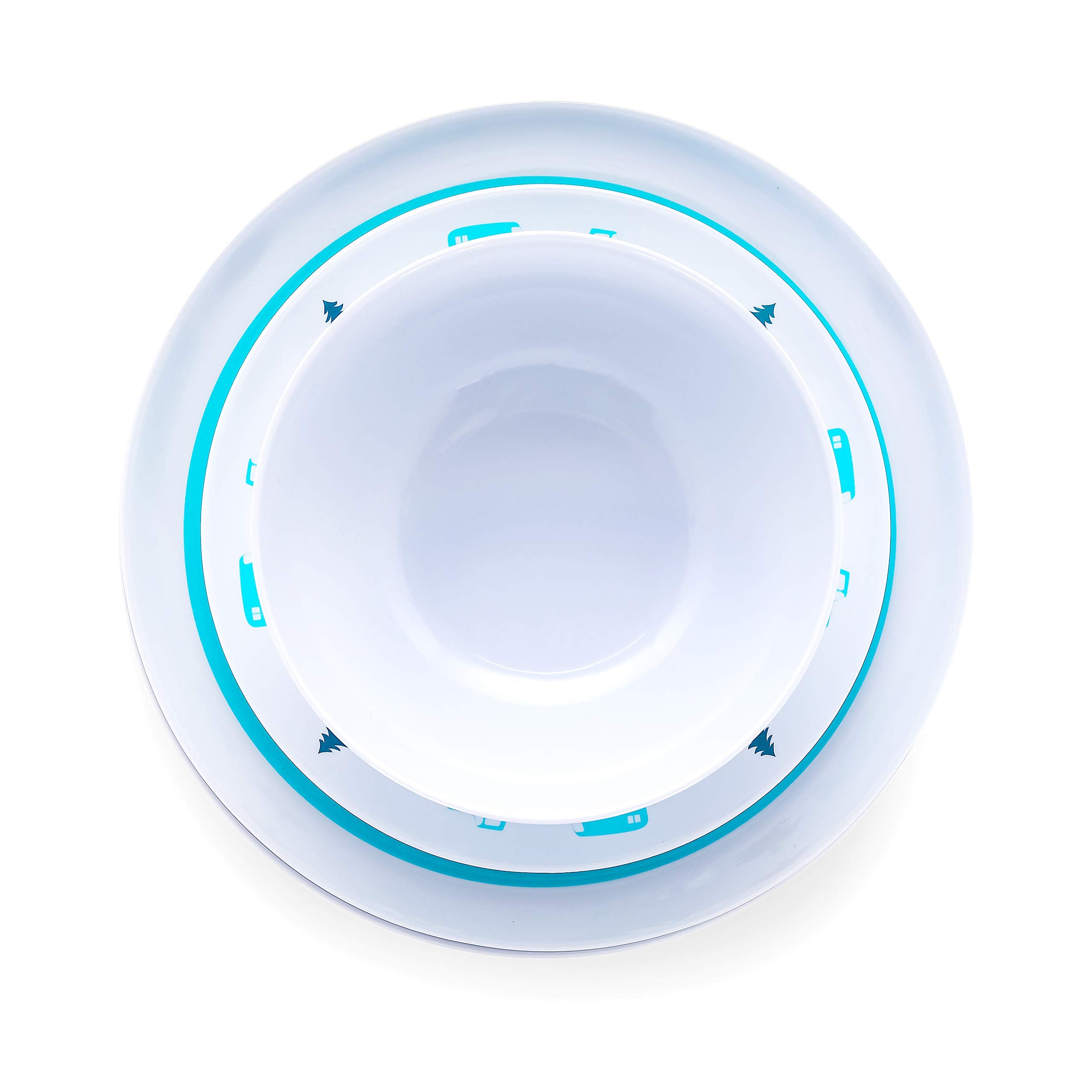 Camco Dishware Set Life is Better at The Campsite | Includes (4) Large Dinner Plates, (4) Small Salad Plates and (4) Bowls | Top Rack Dishwasher Safe | Blue Tree and Truck Design (53294)
