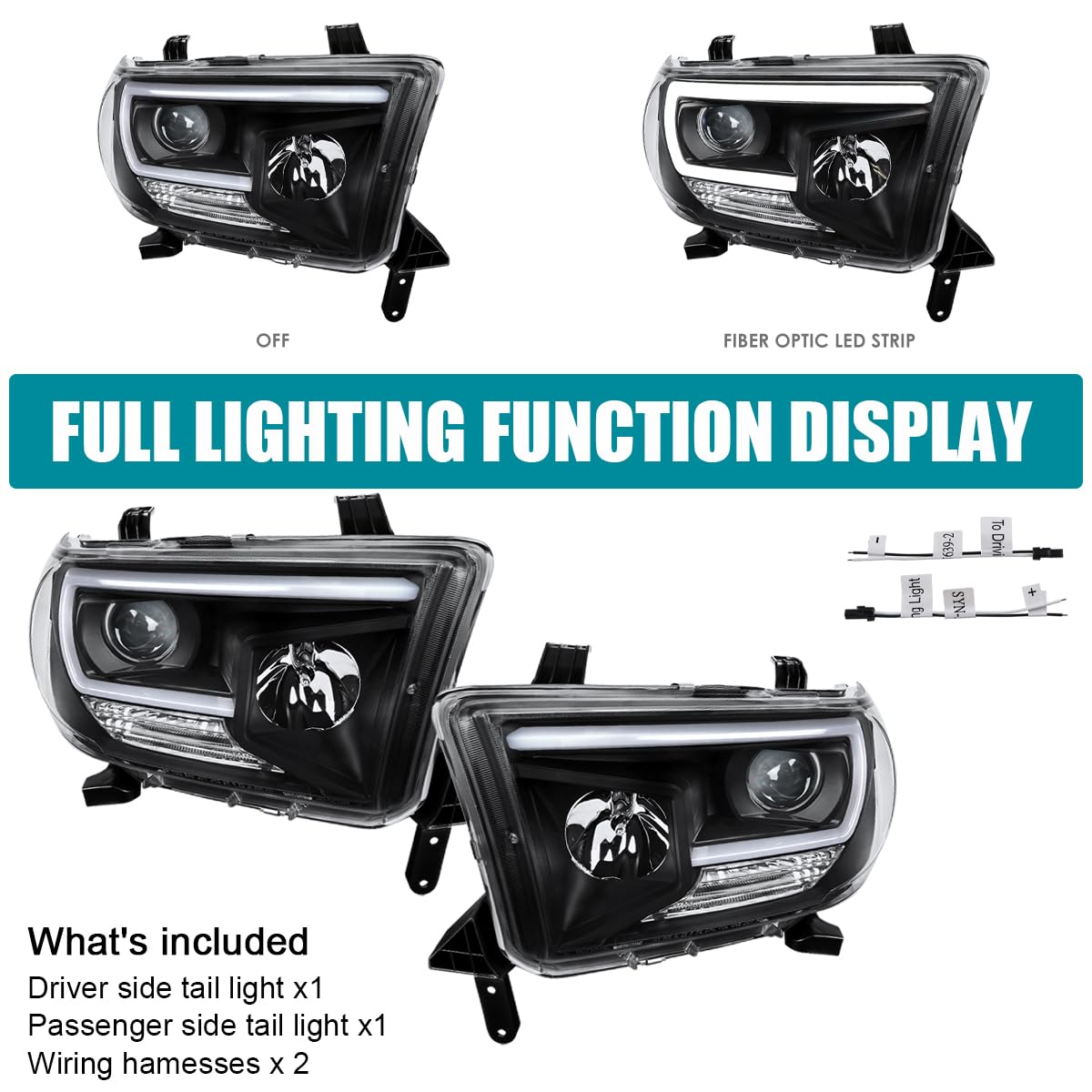 Black Projector Headlights w/LED Light Bar SPEC-D TUNING Compatible with 2007-2013 Toyota Tundra, 2008-2017 Toyota Sequoia, Left + Right Pair Headlamps Assembly