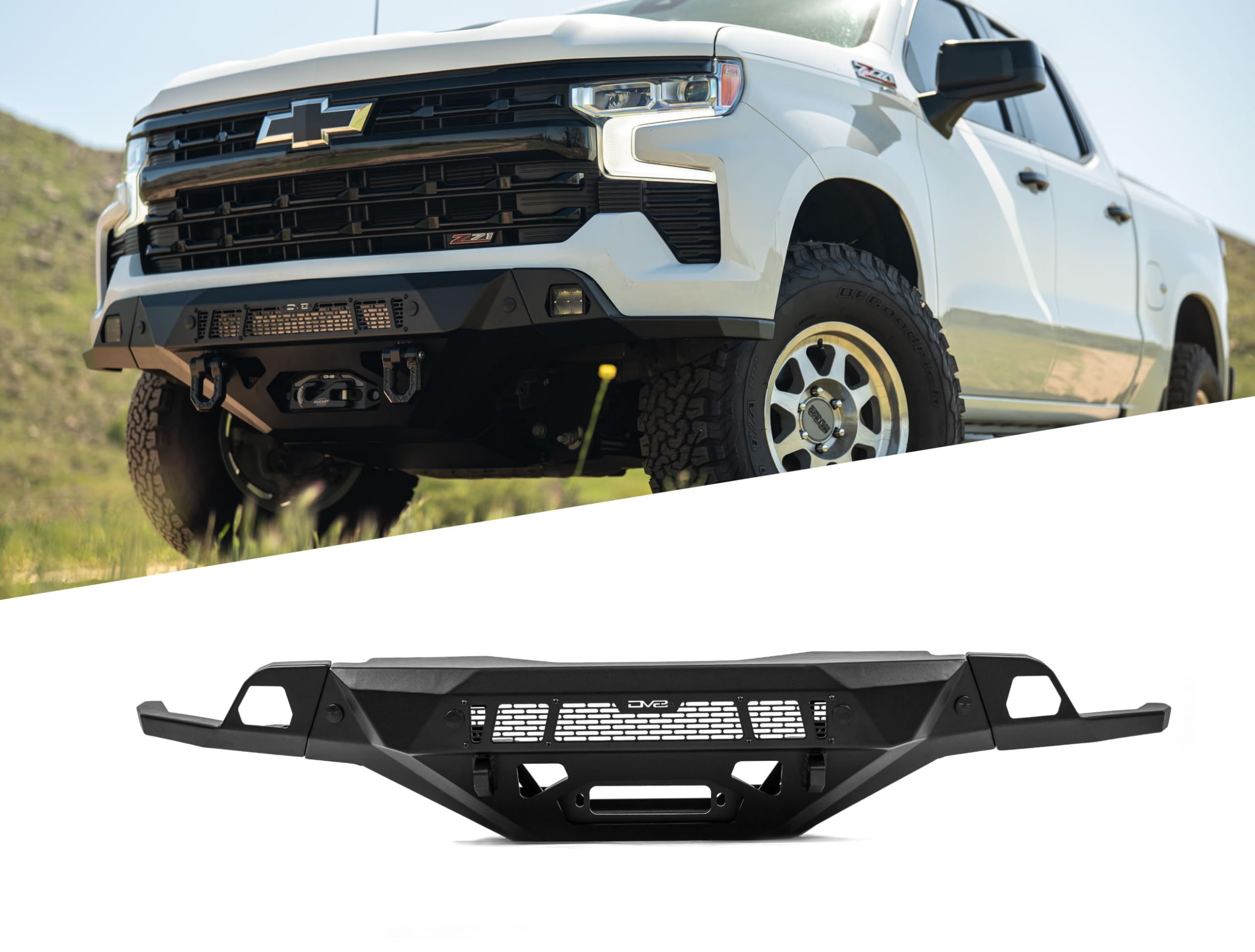 2022-2025 Chevy Silverado 1500 DV8 Offroad Spec Series Front Bumper | Low-Profile Fitment | Hidden Winch Mount | 20" Light Bar Mount | (2) Pod Light Mounts | Pair of D-Ring Mounts | Front Skid Plate