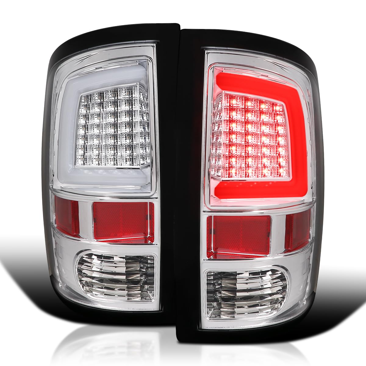 Chrome LED Tail Lights SPEC-D TUNING w/White LED Light Bar Compatible with 2009-2018 Dodge Ram 1500, 2010-2018 Dodge Ram 2500/3500, Left + Right Pair Assembly