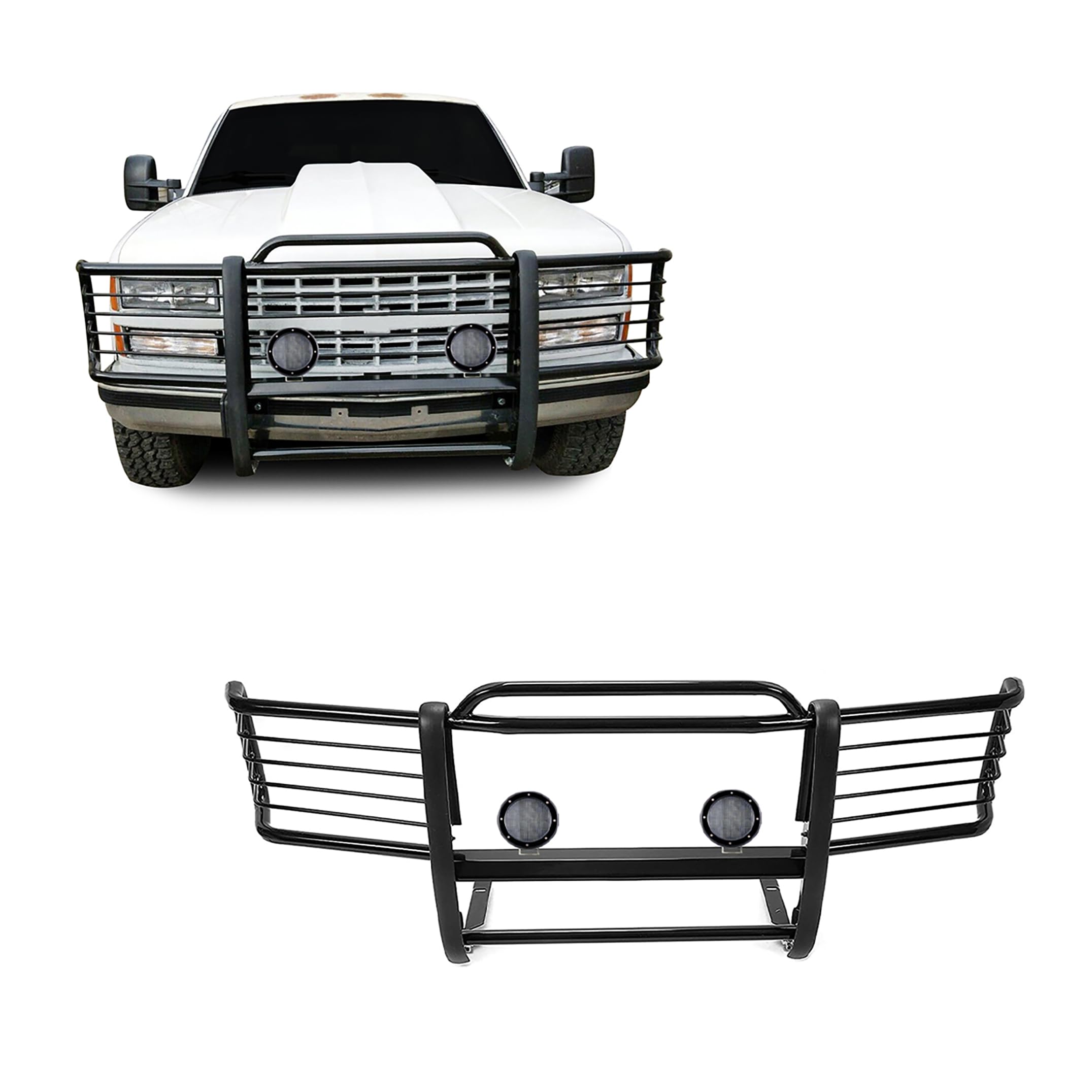 Bumper Guard Black Horse Grille brush Modular Come with Pair of 5.3"LED Lights Compatible with 95-98 Silverado|1999 Suburban 1500|95-99 Tahoe|1988-1998 Sierra 1500|1992-1999 Yukon-17GJ23MA-PLFB