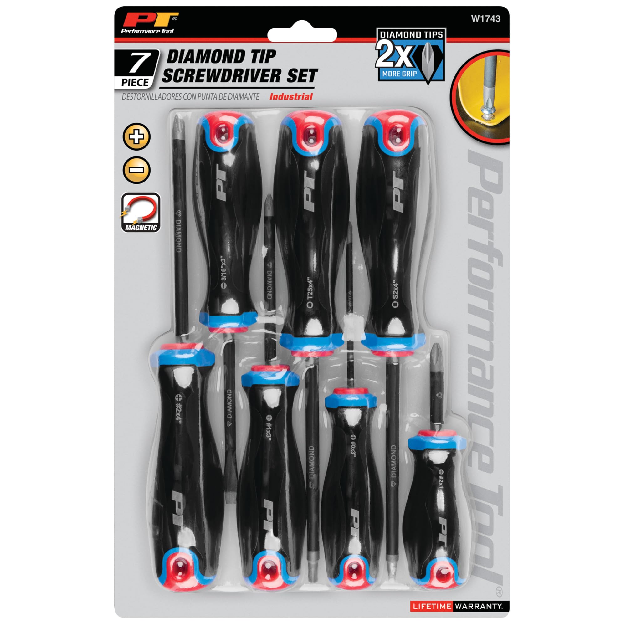 W1743 Performance Tool 7-Piece Diamond Tip Screwdriver Set, Diamond Coating to 2x Grip, Chrome Vanadium with Black Phosphate Finish, Triple-Injected Thermoplastic Elastomer Handle, Magnetic Tips