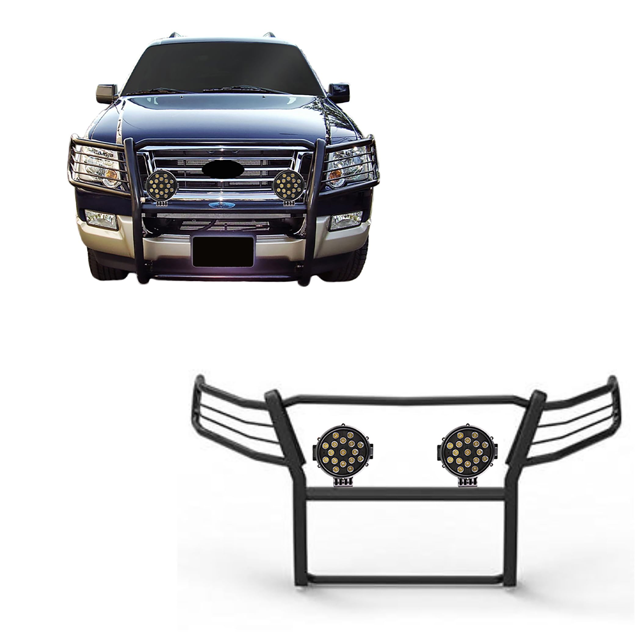 Bumper Guard Black Horse Grille brush Modular Come With pair of 7.0"Dia.LED Lights with Trim Rings Compatible with 2006-2010 Ford Explorer-17A047600MA-PLB