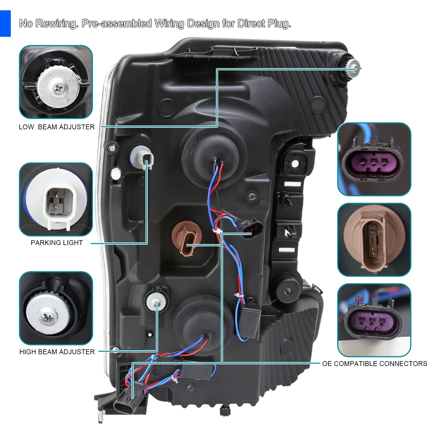 Spec-D Tuning Projector Smoke Headlights w/LED Sequential Turn Signal Switchback Compatible with 2017-2019 Ford F-250, F-350, F-450, F-550 Super Duty, Left + Right Pair Headlamps Assembly