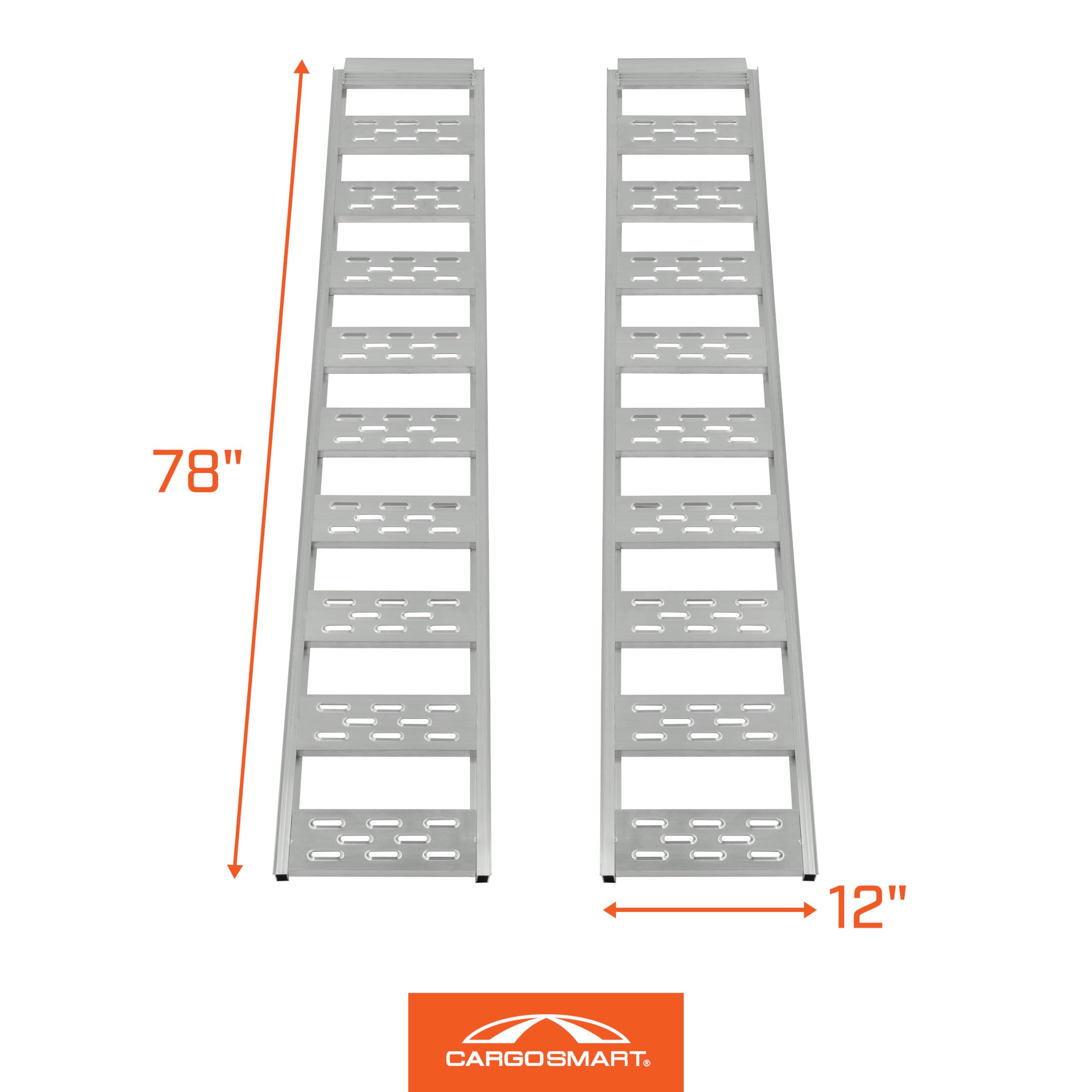 Aluminum Straight Fixed Ramp with Treads (2pk) CARGOSMART - Easily and Safely Load and Unload Light Equipment, Lawn Tractors, ATVs and More, 1,250 lb. Capacity, 12" W x 78" L