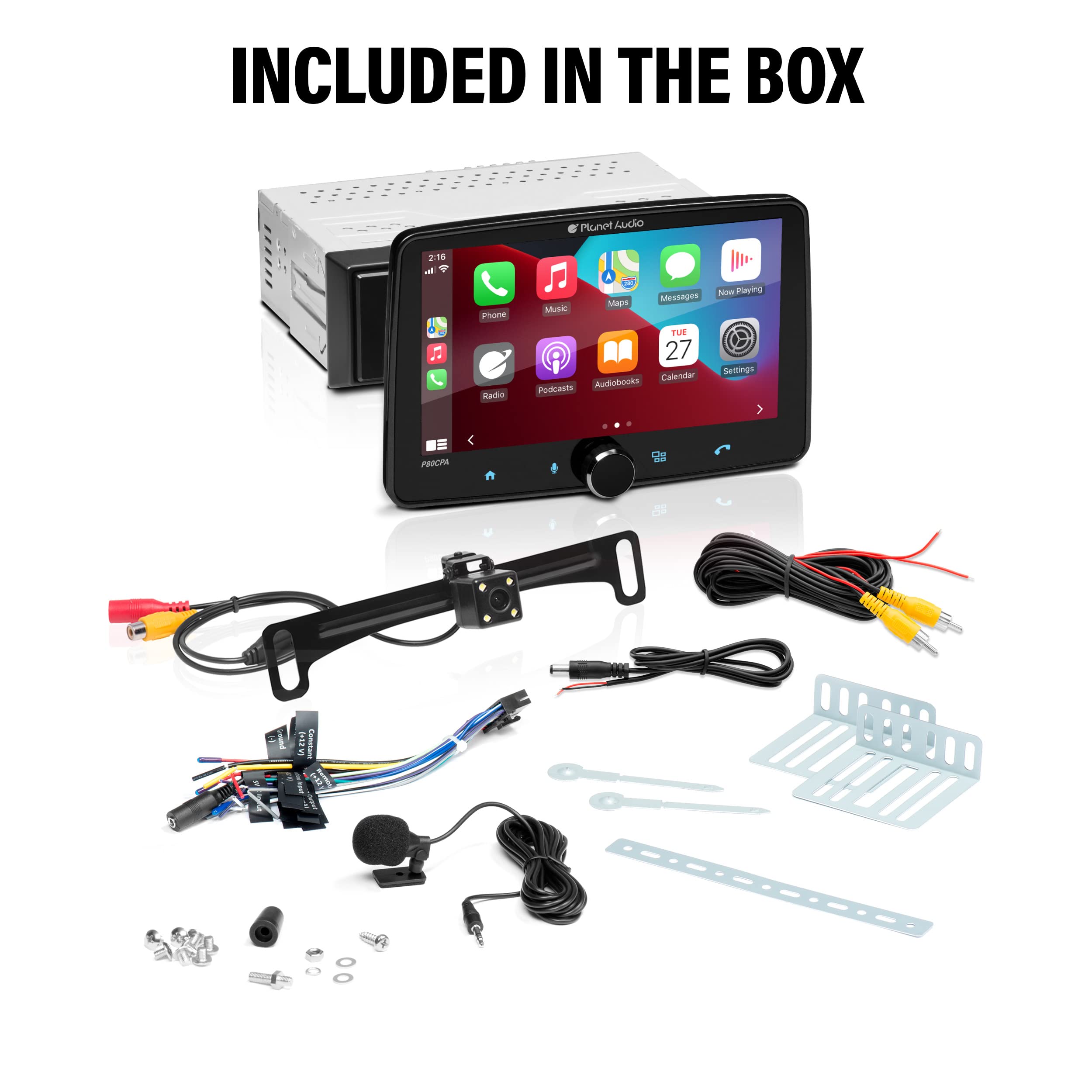 Car Stereo System Planet Audio P80CPAC, Apple CarPlay, Android Auto - Single Din, 8 Inch Touchscreen, Bluetooth Audio and Calling Head Unit, AM/FM Radio Receiver, No CD Player, USB, Hook to Amplifier